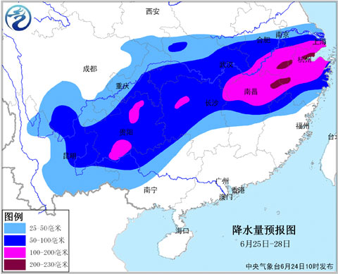 強(qiáng)降雨落區(qū)預(yù)報(bào)圖（6月25日至28日）